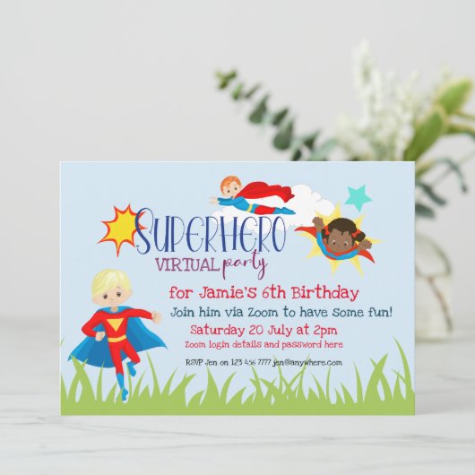 Virtual Superhero Kindergeburtstag Party Einladung (Stehend Vorderseite)