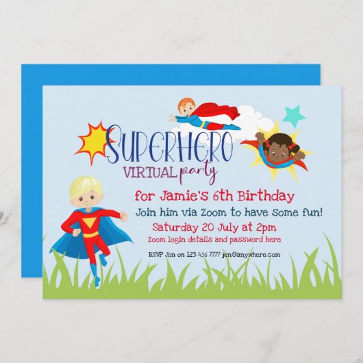 Virtual Superhero Kindergeburtstag Party Einladung (Vorne/Hinten)