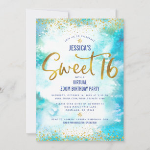 Virtual Sweet 16 Blue Watercolor Gold Geburtstag Einladung