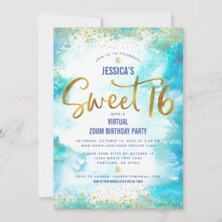 Virtual Sweet 16 Blue Watercolor Gold Geburtstag Einladung