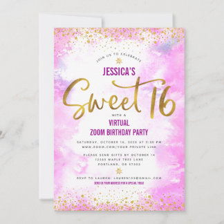 Virtual Sweet 16 Pink Watercolor Gold Geburtstag Einladung