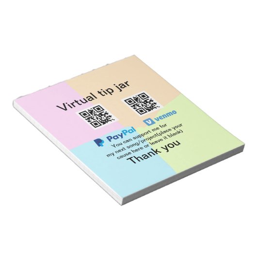 Virtual tip jar q oder Code-Geld-Spende PayPal ven Notizblock (angewinkelt)