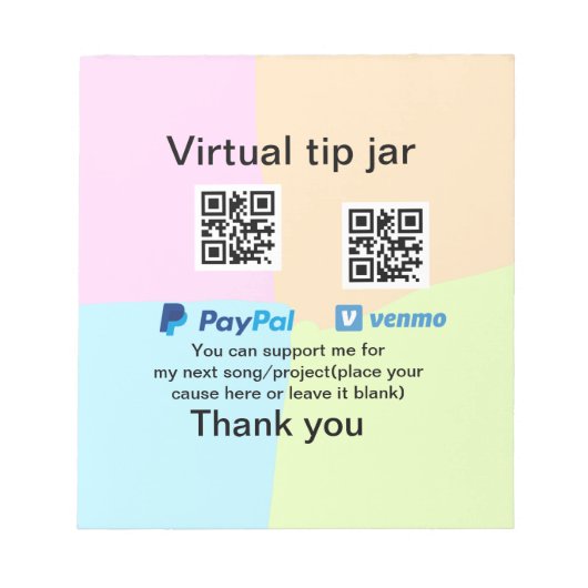 Virtual tip jar q oder Code-Geld-Spende PayPal ven Notizblock (Vorderseite)