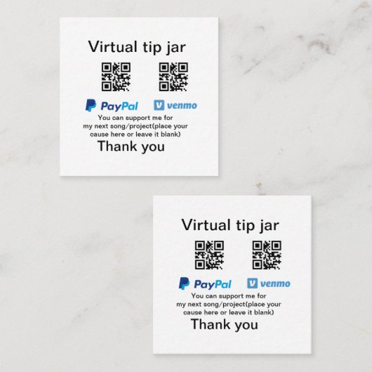 Virtual tip jar q oder Code-Geld-Spende PayPal ven Quadratische Visitenkarte (Vorne/Hinten)