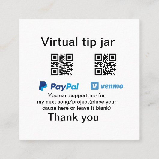 Virtual tip jar q oder Code-Geld-Spende PayPal ven Quadratische Visitenkarte (Rückseite)