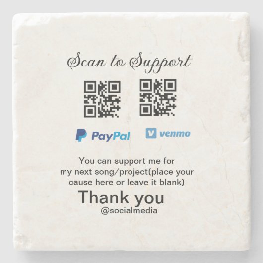 Virtual tip jar q oder Code-Geld-Spende PayPal ven Steinuntersetzer (Vorderseite)