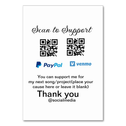 Virtual tip jar q oder Code-Geld-Spende PayPal ven Tischnummer (Vorderseite)