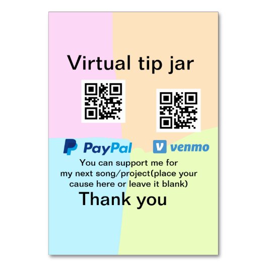 Virtual tip jar q oder Code-Geld-Spende PayPal ven Tischnummer (Vorderseite)