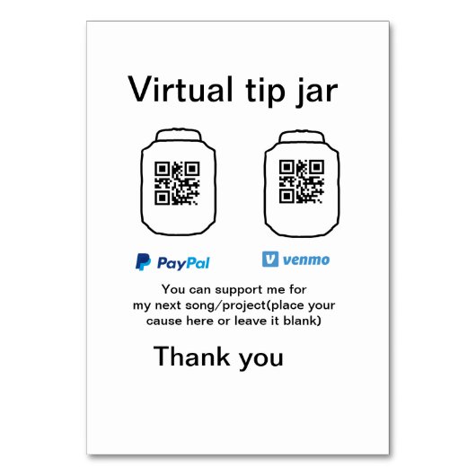 Virtual tip jar q oder Code-Geld-Spende PayPal ven Tischnummer (Vorderseite)