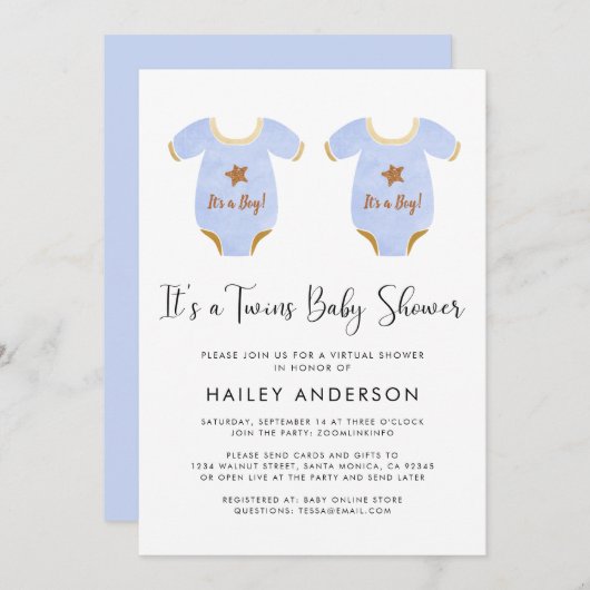 Virtual Twin Boys Watercolor Kinderdusche Einladung (Vorne/Hinten)