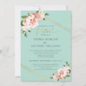 Virtual Wedding Blush Bloral Peony Gold Minze Gree Einladung (Vorderseite)