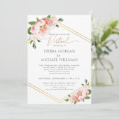 Virtual Wedding Blush Peony Floral Gold Minze Gree Einladung (Stehend Vorderseite)