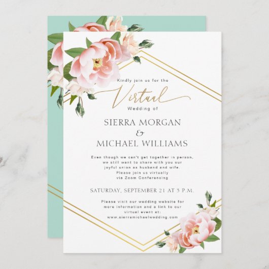 Virtual Wedding Blush Peony Floral Gold Minze Gree Einladung (Vorne/Hinten)