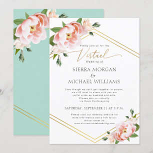 Virtual Wedding Blush Peony Floral Gold Minze Gree Einladung