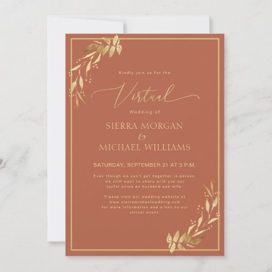 Virtual Wedding Chic Gold Foliage Terracotta Rost Einladung (Vorderseite)