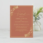 Virtual Wedding Chic Gold Foliage Terracotta Rost Einladung (Stehend Vorderseite)