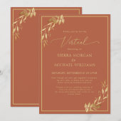 Virtual Wedding Chic Gold Foliage Terracotta Rost Einladung (Vorne/Hinten)