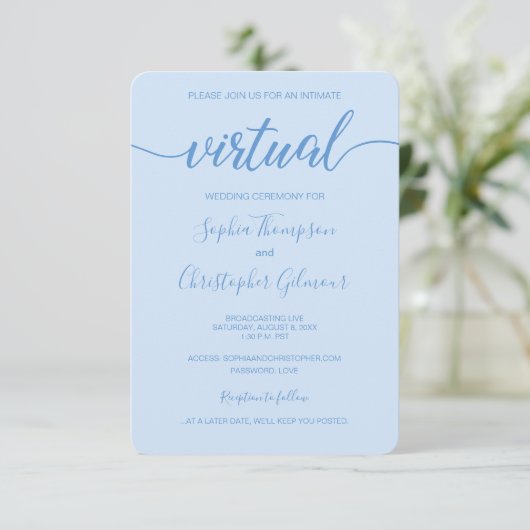 VIRTUAL Wedding Dusty Blue Chic Custom Einladung (Stehend Vorderseite)