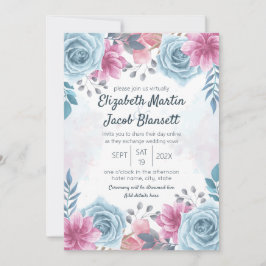 Virtual Wedding Dusty Blue Rose und Pink Floral Einladung