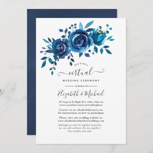 Virtual Wedding in Navy und White Watercolor Einladung (Vorne/Hinten)