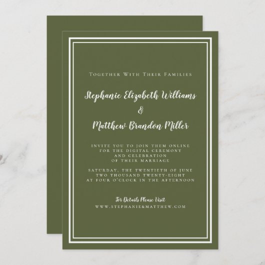 Virtual Wedding Olive Green Minimalistisch Livestr Einladung (Vorne/Hinten)