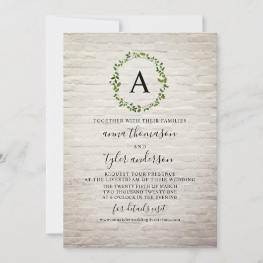 Virtual Wedding White Brick Wreath Monogram Einladung (Vorderseite)
