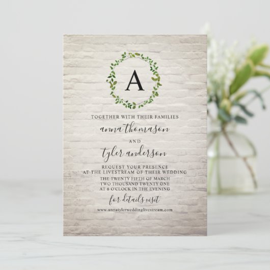Virtual Wedding White Brick Wreath Monogram Einladung (Stehend Vorderseite)