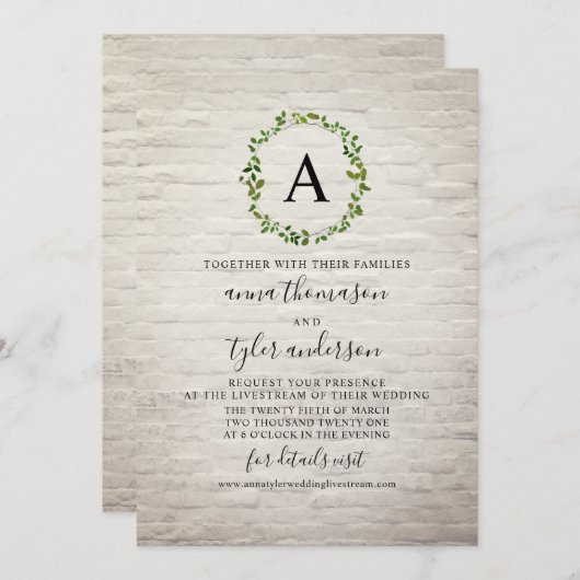 Virtual Wedding White Brick Wreath Monogram Einladung (Vorne/Hinten)