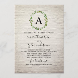 Virtual Wedding White Brick Wreath Monogram Einladung