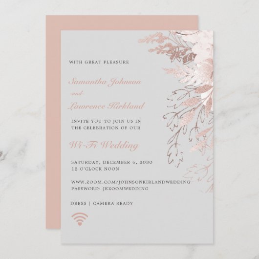 Virtual Wedding WiFi Zoom Dusty Rose Gray Floral Einladung (Vorne/Hinten)