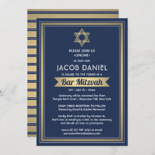 Virtual Zoom Bar Mitzvah Navy Blue White & Gold Einladung