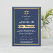Virtual Zoom Bar Mitzvah Navy Blue White & Gold Einladung (Stehend Vorderseite)