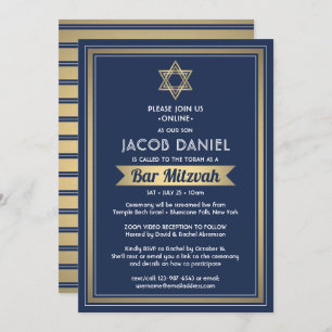 Virtual Zoom Bar Mitzvah Navy Blue White & Gold Einladung