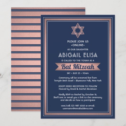 Virtual Zoom Bat Mitzvah Navy Blue Pink Rose Gold Einladung (Vorne/Hinten)
