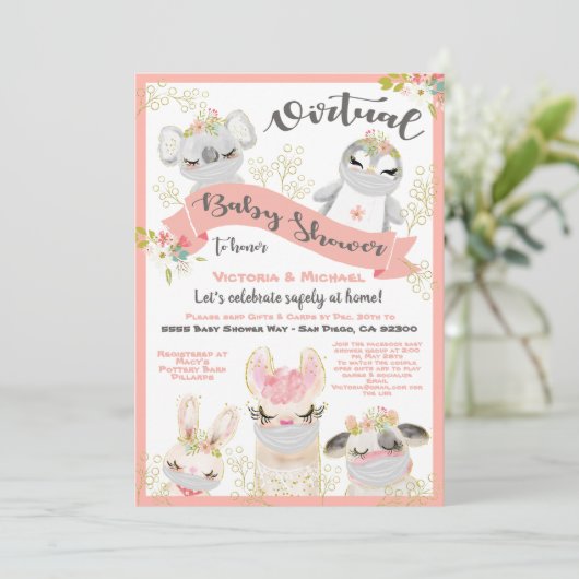 Virtuelle Baby-Duschtiere mit Masken Einladung (Stehend Vorderseite)