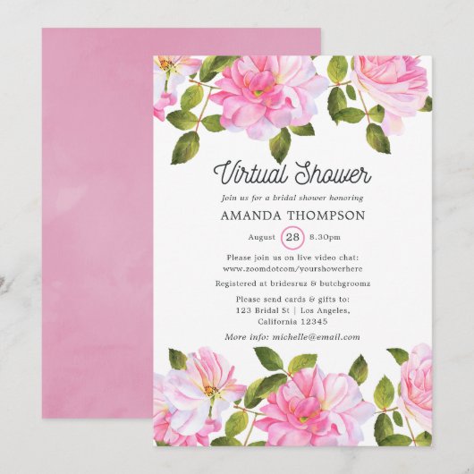 Virtuelle Babyparty Pinker Rosengarten Einladung (Vorne/Hinten)