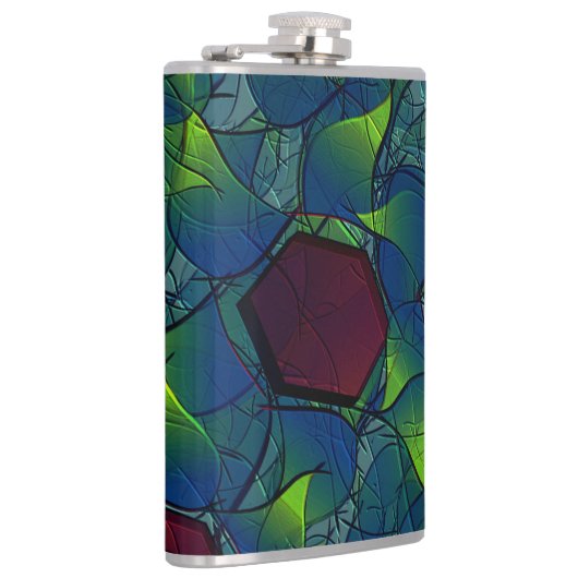 Virtuelle Blüte mit dunkelrotem Hexagon mit blauer Flachmann (Rechts)