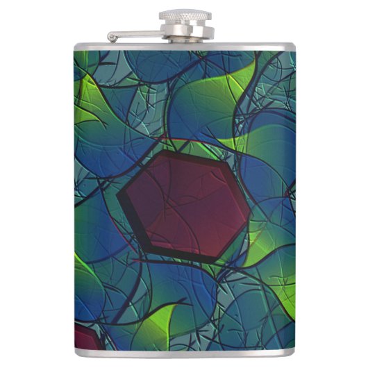 Virtuelle Blüte mit dunkelrotem Hexagon mit blauer Flachmann (Vorderseite)