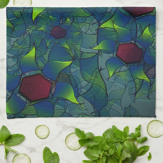 Virtuelle Blüte mit dunkelrotem Hexagon mit blauer Geschirrtuch (Gefaltet)