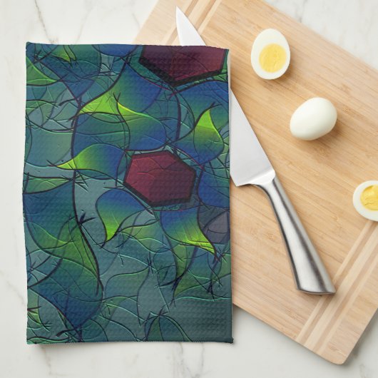 Virtuelle Blüte mit dunkelrotem Hexagon mit blauer Geschirrtuch (Viertel Falte)