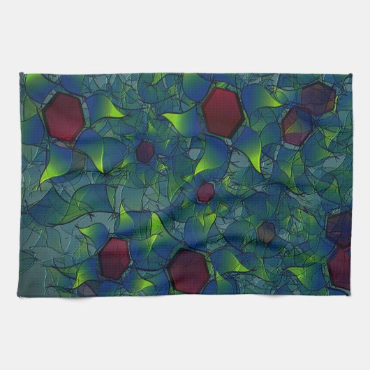 Virtuelle Blüte mit dunkelrotem Hexagon mit blauer Geschirrtuch (Horizontal)