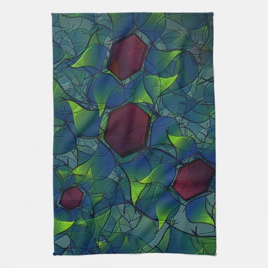 Virtuelle Blüte mit dunkelrotem Hexagon mit blauer Geschirrtuch (Vertikal)