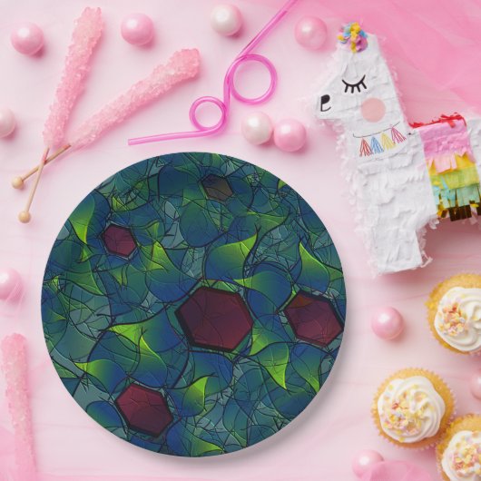 Virtuelle Blüte mit dunkelrotem Hexagon mit blauer Pappteller (Party)