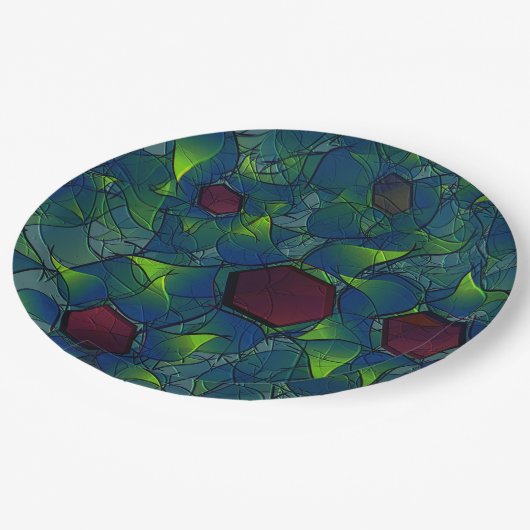 Virtuelle Blüte mit dunkelrotem Hexagon mit blauer Pappteller (Schrägansicht)