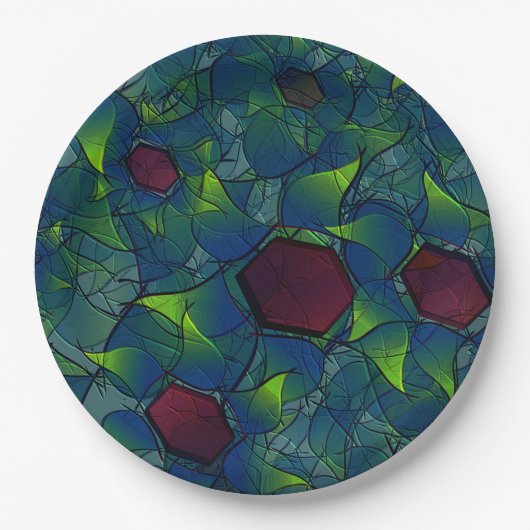 Virtuelle Blüte mit dunkelrotem Hexagon mit blauer Pappteller (Vorderseite)