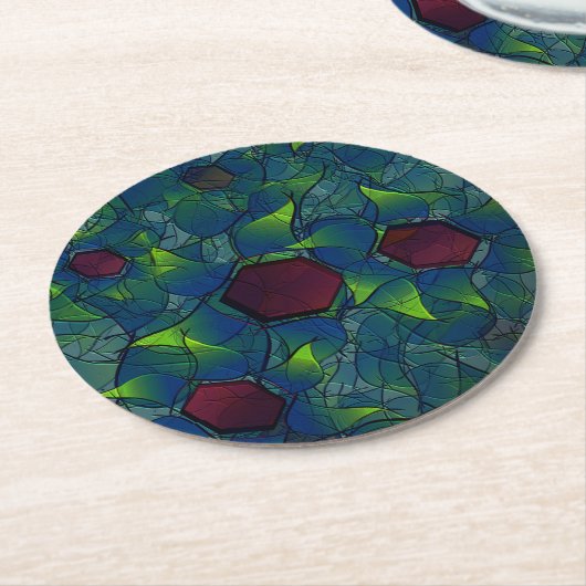 Virtuelle Blüte mit dunkelrotem Hexagon mit blauer Runder Pappuntersetzer (Angewinkelt)