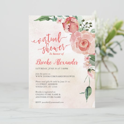 Virtuelle Dusche in Rosa und Blütenpracht Einladung (Stehend Vorderseite)