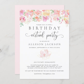 Virtuelle Geburtstagsparty| Modern rosa Goldfloral Einladung