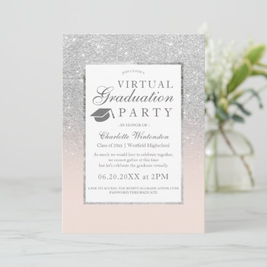 Virtuelle Graduierungsparty für Silver Glitzer Fot Einladung (Stehend Vorderseite)