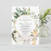 Virtuelles Babydusche-niedliche Tiere-Grüngold Einladung (Stehend Vorderseite)